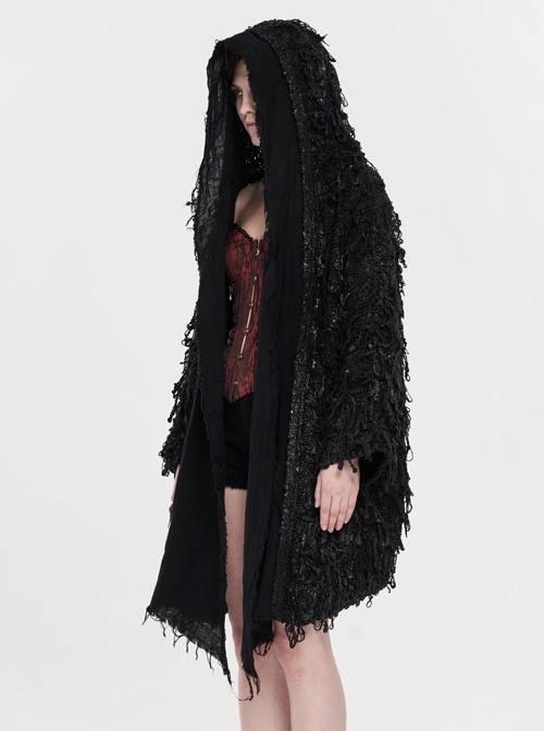 Rough Selvage Old Coil Yarn Long Sleeves Black Punk Hooded Sweater Coat