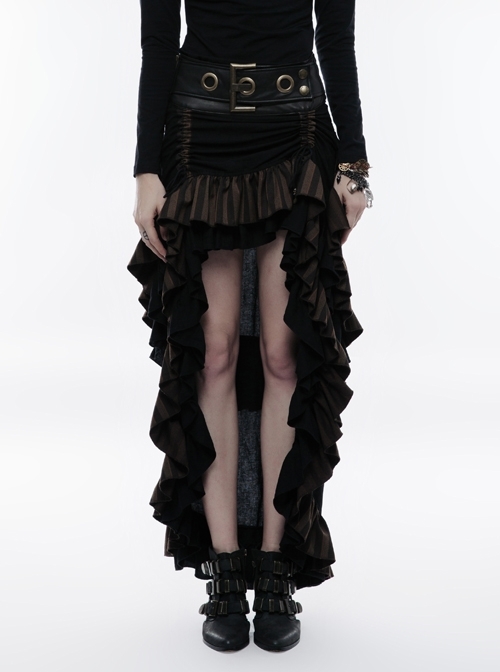 Waist Oversized Metal Ring Hasp Lace-Up Side Zipper Rear Back Long Brown Frill Hem Black Punk Skirt
