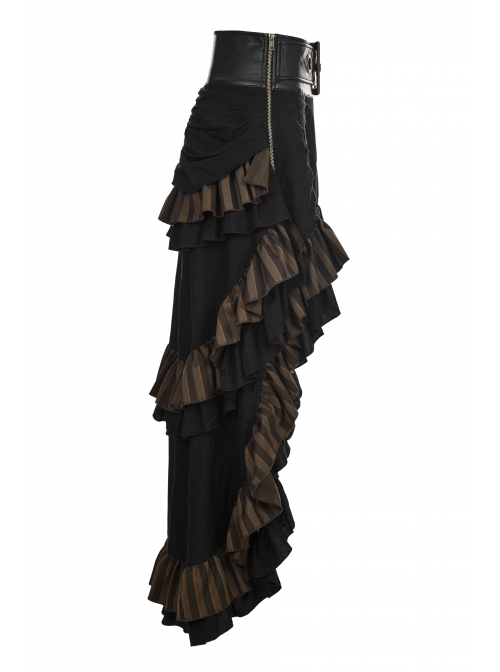 Waist Oversized Metal Ring Hasp Lace-Up Side Zipper Rear Back Long Brown Frill Hem Black Punk Skirt
