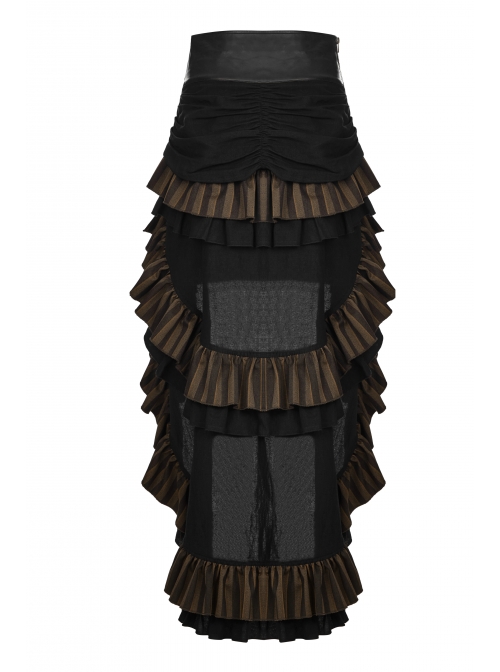 Waist Oversized Metal Ring Hasp Lace-Up Side Zipper Rear Back Long Brown Frill Hem Black Punk Skirt