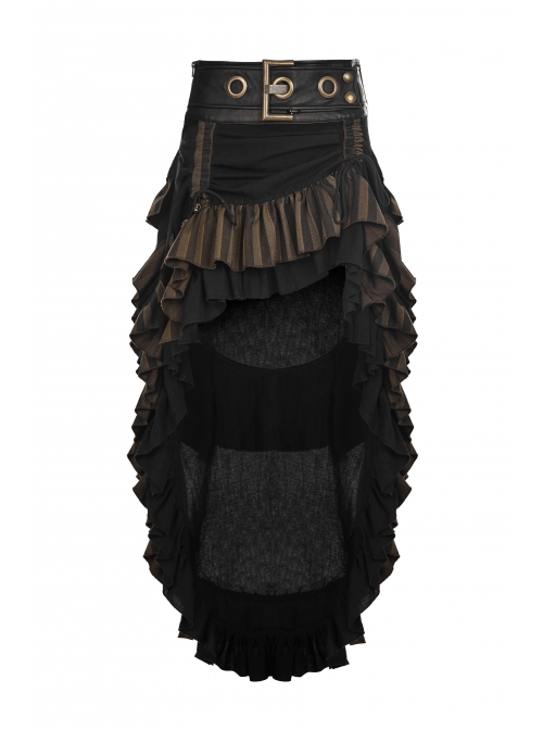 Waist Oversized Metal Ring Hasp Lace-Up Side Zipper Rear Back Long Brown Frill Hem Black Punk Skirt