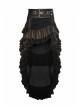 Waist Oversized Metal Ring Hasp Lace-Up Side Zipper Rear Back Long Brown Frill Hem Black Punk Skirt