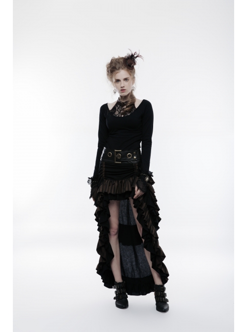 Waist Oversized Metal Ring Hasp Lace-Up Side Zipper Rear Back Long Brown Frill Hem Black Punk Skirt