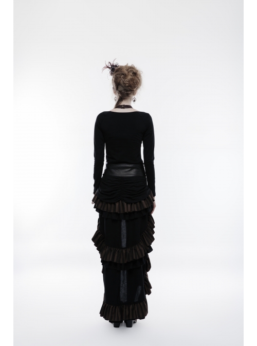 Waist Oversized Metal Ring Hasp Lace-Up Side Zipper Rear Back Long Brown Frill Hem Black Punk Skirt