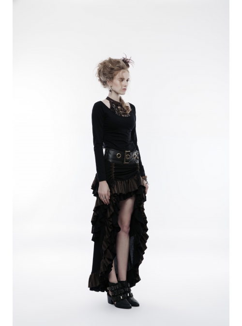 Waist Oversized Metal Ring Hasp Lace-Up Side Zipper Rear Back Long Brown Frill Hem Black Punk Skirt