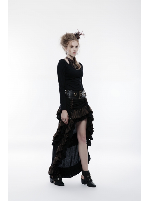 Waist Oversized Metal Ring Hasp Lace-Up Side Zipper Rear Back Long Brown Frill Hem Black Punk Skirt