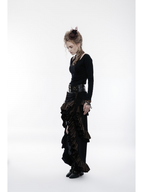 Waist Oversized Metal Ring Hasp Lace-Up Side Zipper Rear Back Long Brown Frill Hem Black Punk Skirt