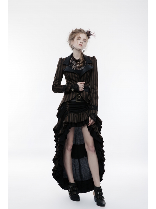 Waist Oversized Metal Ring Hasp Lace-Up Side Zipper Rear Back Long Brown Frill Hem Black Punk Skirt