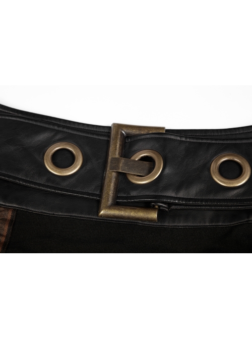 Waist Oversized Metal Ring Hasp Lace-Up Side Zipper Rear Back Long Brown Frill Hem Black Punk Skirt