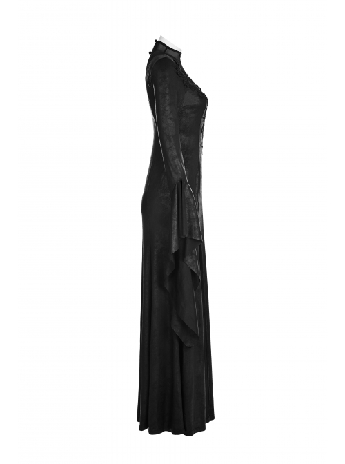 Mesh High Collar Chest Positioning Lace Decals Decoration Horn Sleeves Open Forklift Hem Black Gothic Long Dress
