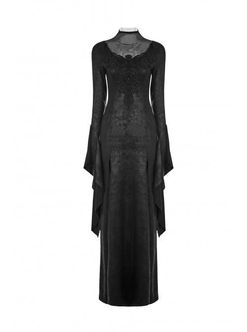 Mesh High Collar Chest Positioning Lace Decals Decoration Horn Sleeves Open Forklift Hem Black Gothic Long Dress
