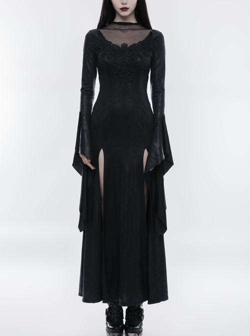 Mesh High Collar Chest Positioning Lace Decals Decoration Horn Sleeves Open Forklift Hem Black Gothic Long Dress