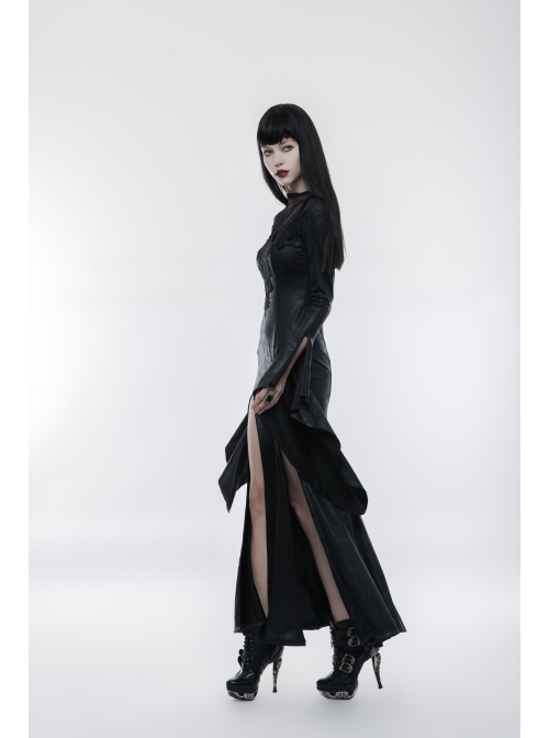 Mesh High Collar Chest Positioning Lace Decals Decoration Horn Sleeves Open Forklift Hem Black Gothic Long Dress