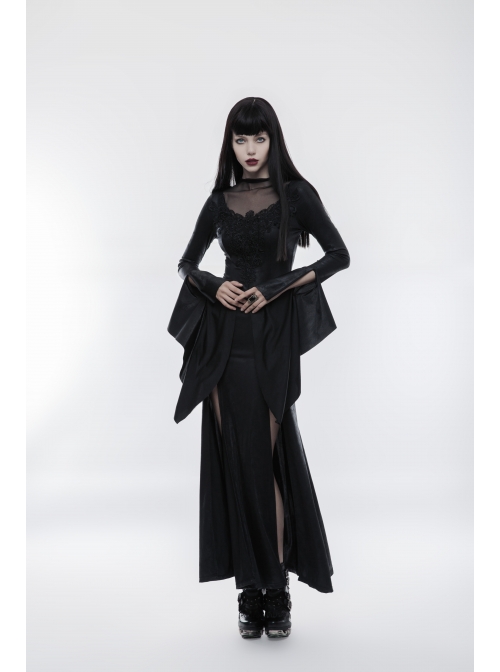 Mesh High Collar Chest Positioning Lace Decals Decoration Horn Sleeves Open Forklift Hem Black Gothic Long Dress