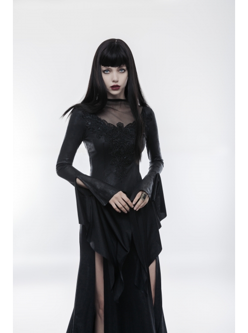 Mesh High Collar Chest Positioning Lace Decals Decoration Horn Sleeves Open Forklift Hem Black Gothic Long Dress
