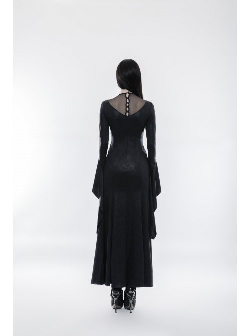 Mesh High Collar Chest Positioning Lace Decals Decoration Horn Sleeves Open Forklift Hem Black Gothic Long Dress