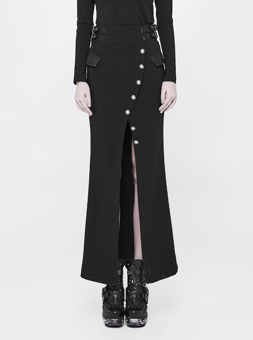 Fine Twill Weave Waist Head Leather Hasp Metal Button Split Hem Black Punk Tight Long Skirt