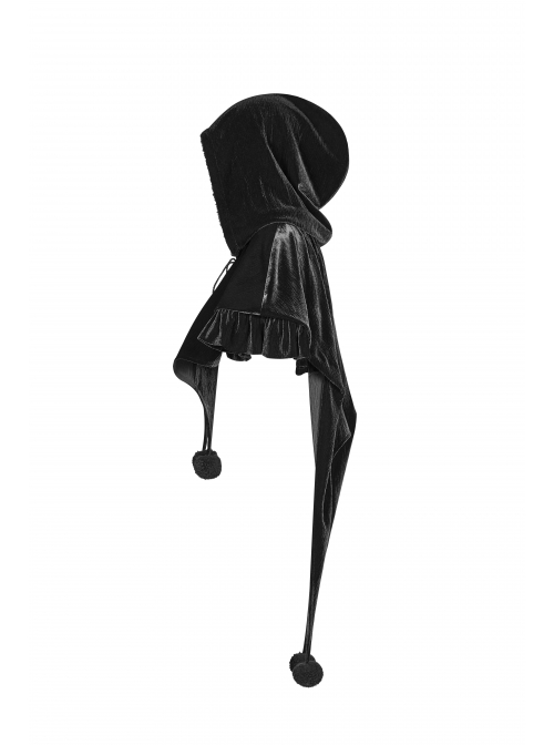 Black Lolita Chest Lace-Up Frill Woolly Ball Hem Black Gothic Coral Velvet Short Cloak