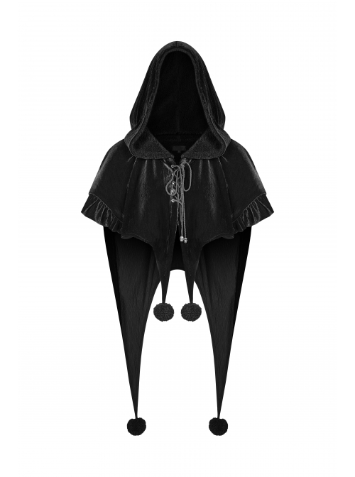 Black Lolita Chest Lace-Up Frill Woolly Ball Hem Black Gothic Coral Velvet Short Cloak