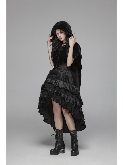 Black Lolita Chest Lace-Up Frill Woolly Ball Hem Black Gothic Coral Velvet Short Cloak