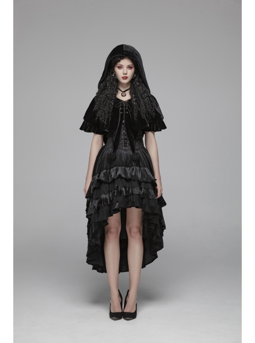 Black Lolita Chest Lace-Up Frill Woolly Ball Hem Black Gothic Coral Velvet Short Cloak