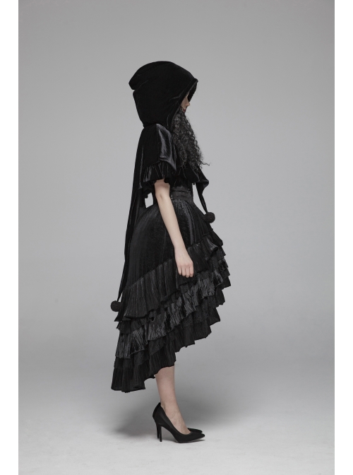Black Lolita Chest Lace-Up Frill Woolly Ball Hem Black Gothic Coral Velvet Short Cloak