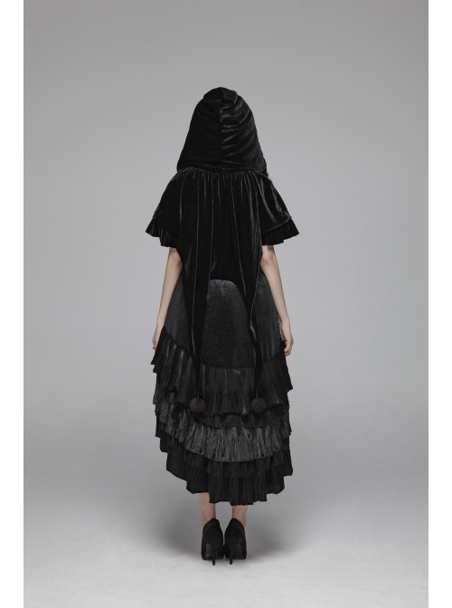 Black Lolita Chest Lace-Up Frill Woolly Ball Hem Black Gothic Coral Velvet Short Cloak