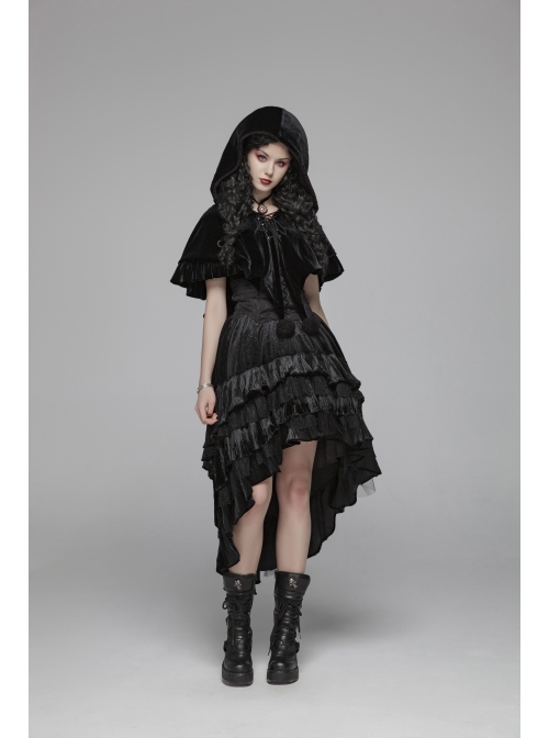Black Lolita Chest Lace-Up Frill Woolly Ball Hem Black Gothic Coral Velvet Short Cloak