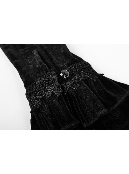 Square Collar Cheat Retro Pattern Ribbon Decoration Long Sleeves Frill Cuff Back Lace-Up Black Gothic Long Velvet Dress