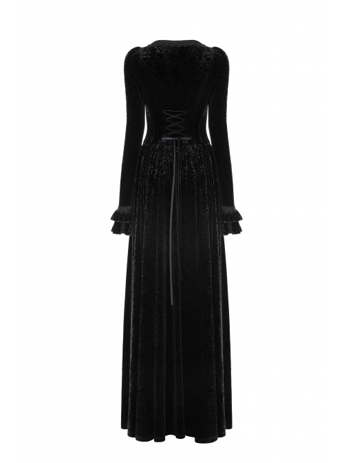 Square Collar Cheat Retro Pattern Ribbon Decoration Long Sleeves Frill Cuff Back Lace-Up Black Gothic Long Velvet Dress