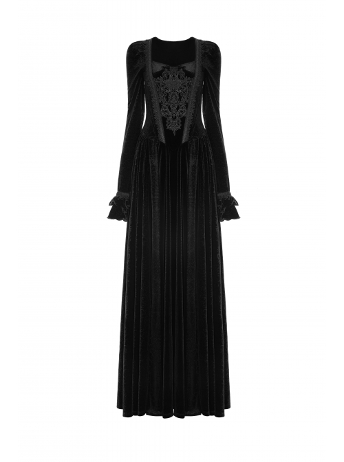 Square Collar Cheat Retro Pattern Ribbon Decoration Long Sleeves Frill Cuff Back Lace-Up Black Gothic Long Velvet Dress