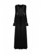 Square Collar Cheat Retro Pattern Ribbon Decoration Long Sleeves Frill Cuff Back Lace-Up Black Gothic Long Velvet Dress