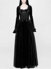 Square Collar Cheat Retro Pattern Ribbon Decoration Long Sleeves Frill Cuff Back Lace-Up Black Gothic Long Velvet Dress