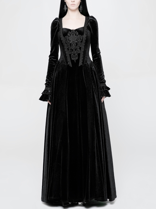 Square Collar Cheat Retro Pattern Ribbon Decoration Long Sleeves Frill Cuff Back Lace-Up Black Gothic Long Velvet Dress