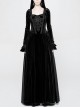 Square Collar Cheat Retro Pattern Ribbon Decoration Long Sleeves Frill Cuff Back Lace-Up Black Gothic Long Velvet Dress