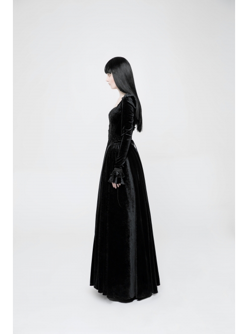 Square Collar Cheat Retro Pattern Ribbon Decoration Long Sleeves Frill Cuff Back Lace-Up Black Gothic Long Velvet Dress