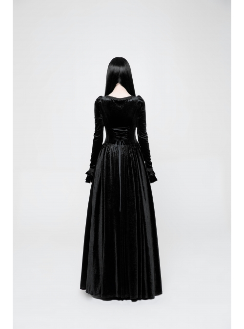 Square Collar Cheat Retro Pattern Ribbon Decoration Long Sleeves Frill Cuff Back Lace-Up Black Gothic Long Velvet Dress