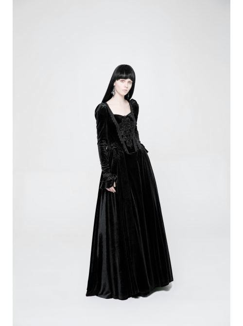 Square Collar Cheat Retro Pattern Ribbon Decoration Long Sleeves Frill Cuff Back Lace-Up Black Gothic Long Velvet Dress