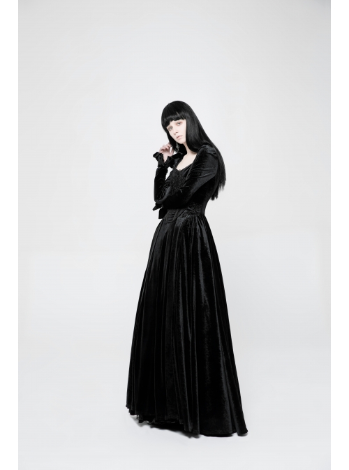Square Collar Cheat Retro Pattern Ribbon Decoration Long Sleeves Frill Cuff Back Lace-Up Black Gothic Long Velvet Dress