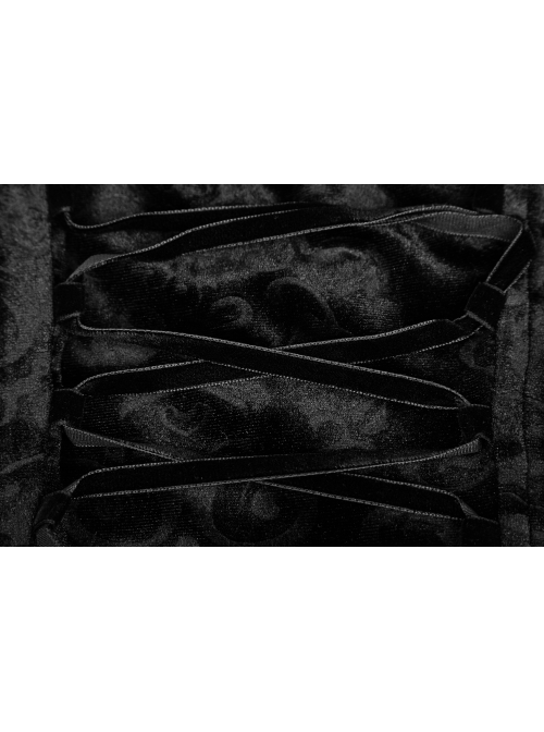 Square Collar Cheat Retro Pattern Ribbon Decoration Long Sleeves Frill Cuff Back Lace-Up Black Gothic Long Velvet Dress