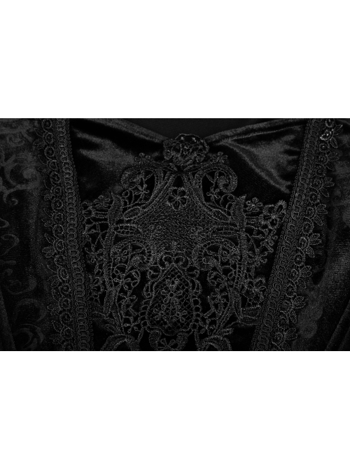 Square Collar Cheat Retro Pattern Ribbon Decoration Long Sleeves Frill Cuff Back Lace-Up Black Gothic Long Velvet Dress