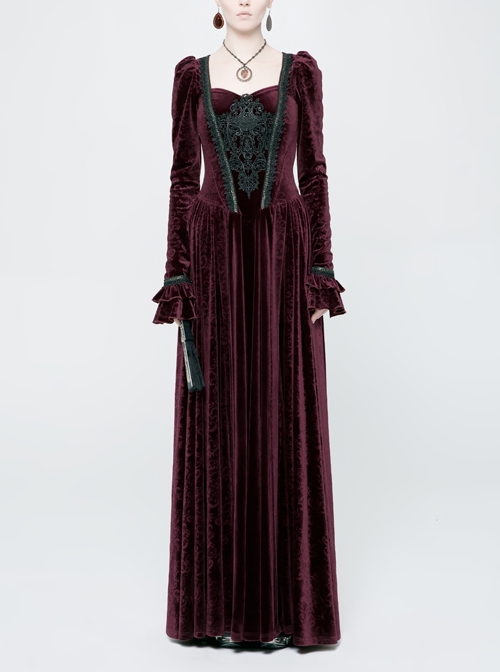 Square Collar Cheat Retro Pattern Ribbon Decoration Long Sleeves Frill Cuff Back Lace-Up Wine Red Gothic Long Velvet Dress