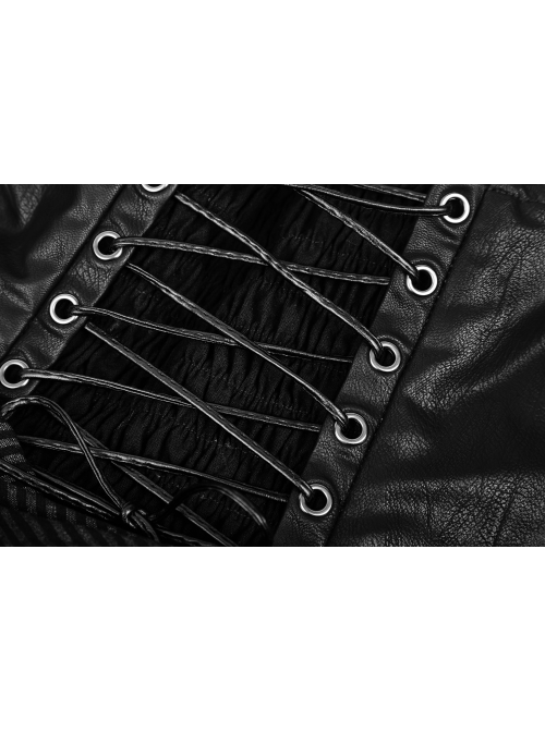 Off-Shoulder Back Cross Leather Straps Metal Buckle Back Waist Lace-Up Black Punk Long Dress