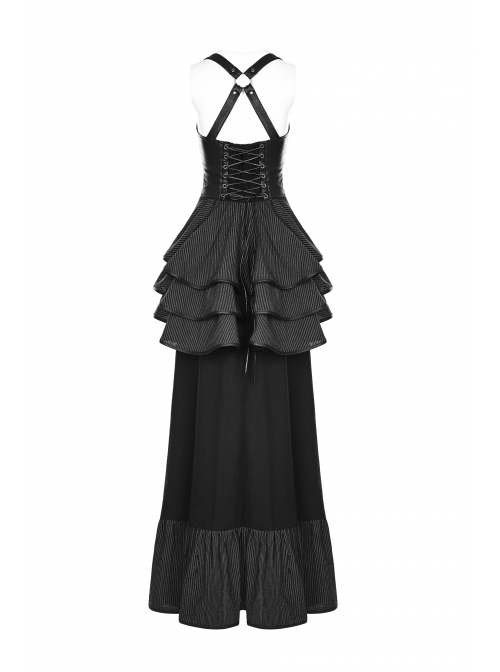 Off-Shoulder Back Cross Leather Straps Metal Buckle Back Waist Lace-Up Black Punk Long Dress