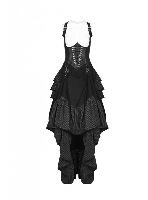 Off-Shoulder Back Cross Leather Straps Metal Buckle Back Waist Lace-Up Black Punk Long Dress