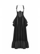 Off-Shoulder Back Cross Leather Straps Metal Buckle Back Waist Lace-Up Black Punk Long Dress