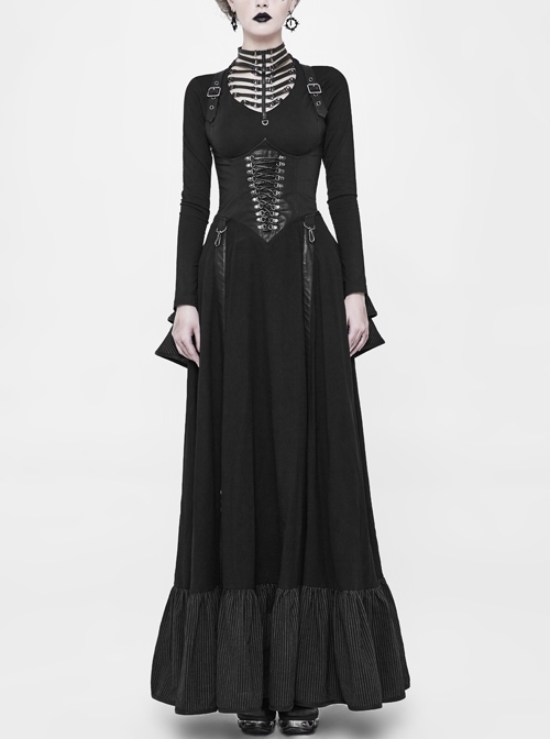 Off-Shoulder Back Cross Leather Straps Metal Buckle Back Waist Lace-Up Black Punk Long Dress