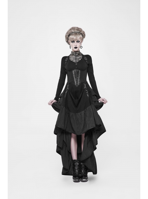 Off-Shoulder Back Cross Leather Straps Metal Buckle Back Waist Lace-Up Black Punk Long Dress