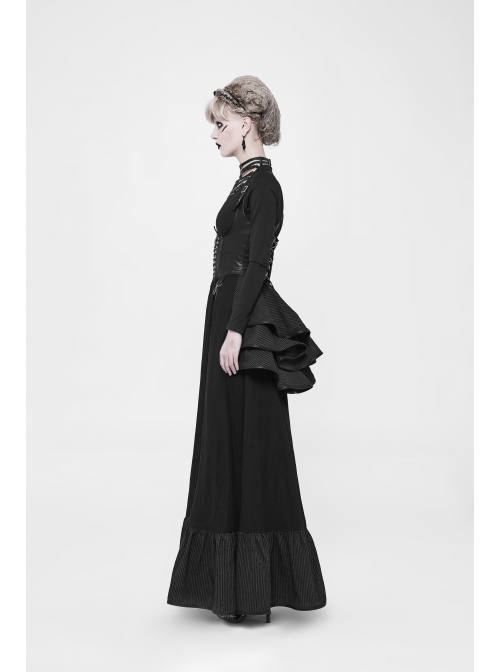 Off-Shoulder Back Cross Leather Straps Metal Buckle Back Waist Lace-Up Black Punk Long Dress