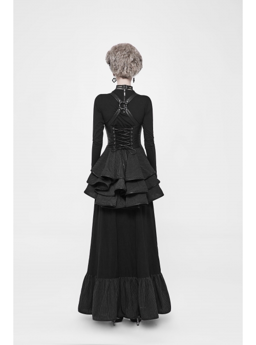 Off-Shoulder Back Cross Leather Straps Metal Buckle Back Waist Lace-Up Black Punk Long Dress
